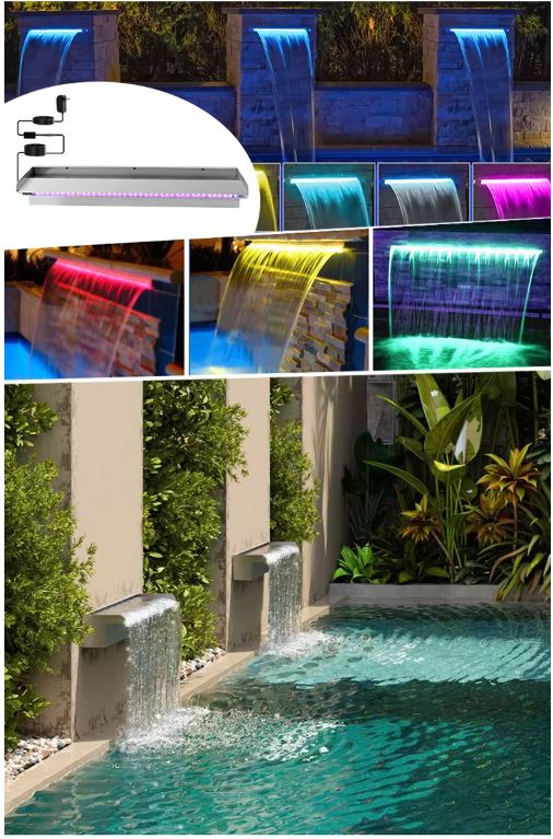LED light fixture for water features with various color options and installation examples.