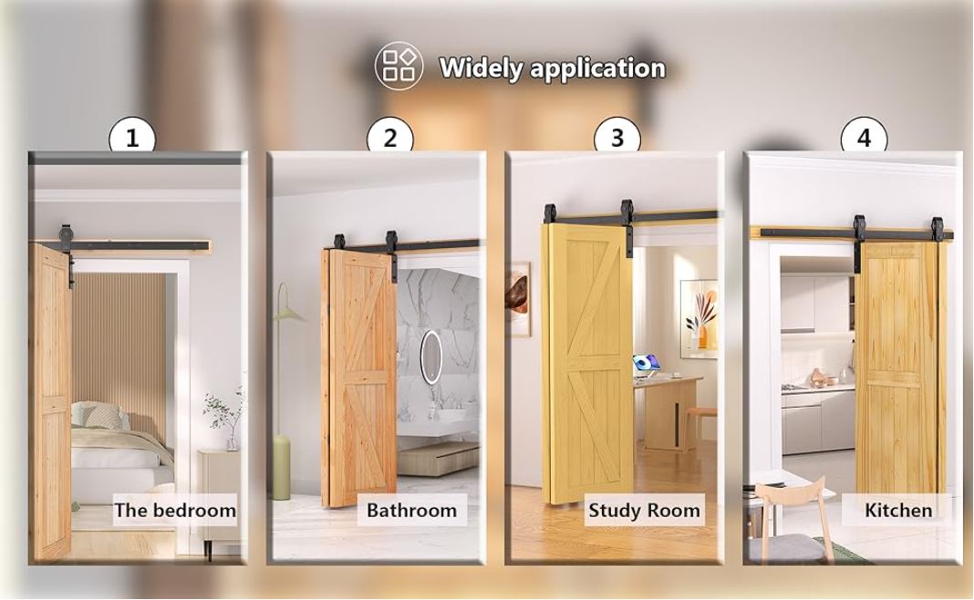 Wooden sliding doors in different rooms with labels for application.