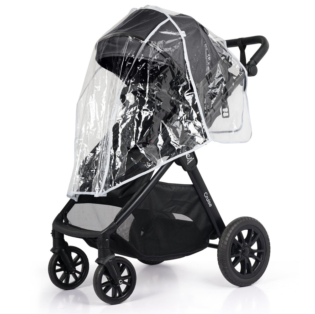 Black stroller with a clear rain cover on a white background