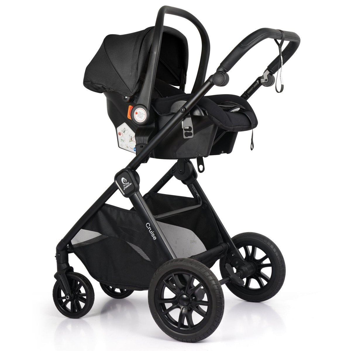 Black stroller with car seat on a white background