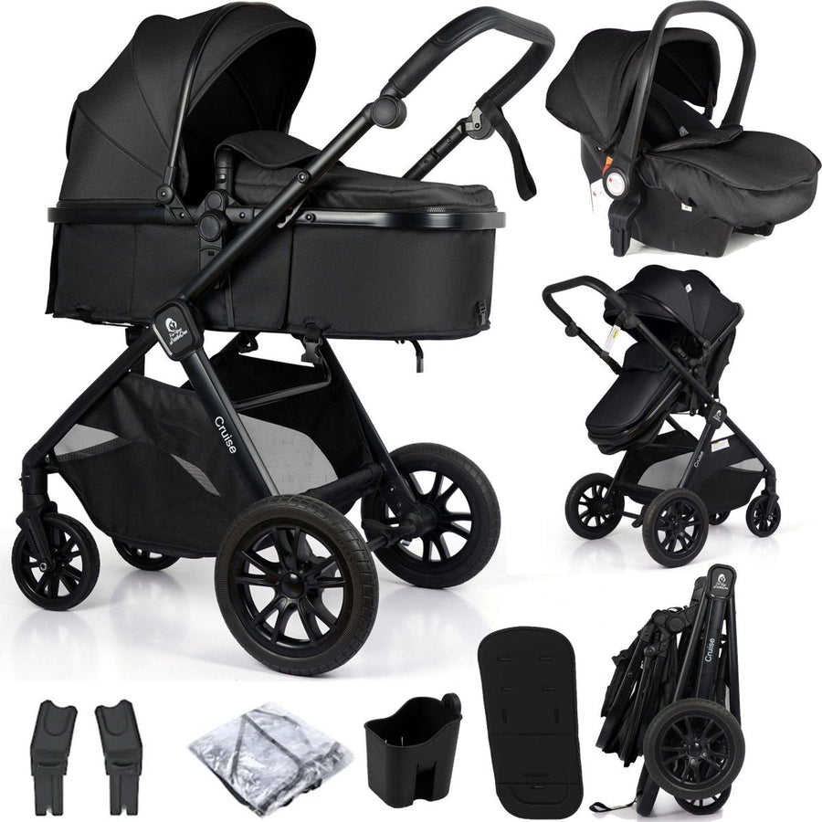 Black baby stroller and car seat set with accessories on a white background