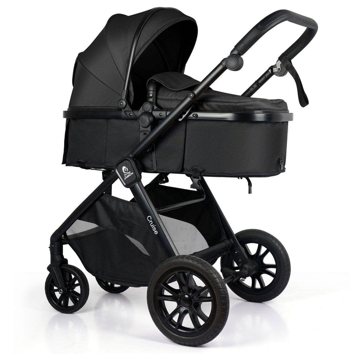 Black baby stroller on a white background