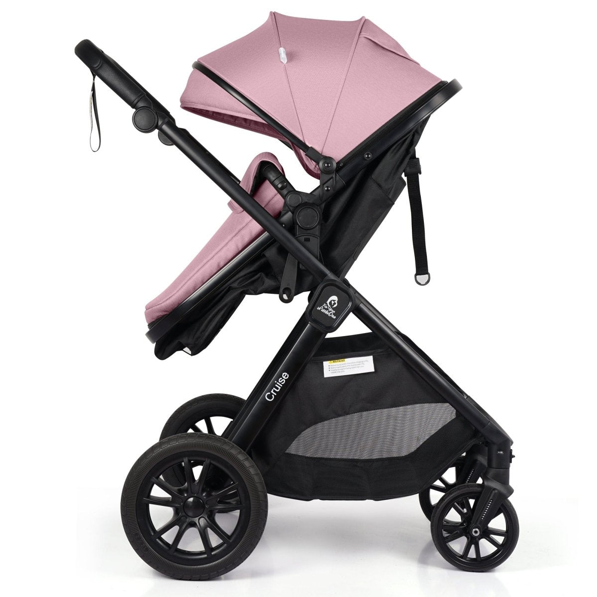Black stroller with pink canopy on a white background