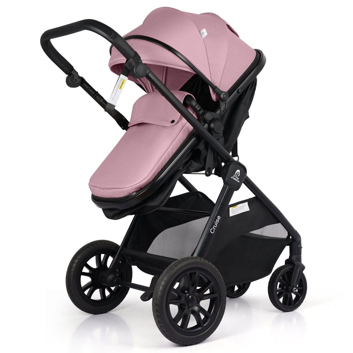 Pink baby stroller with black frame on a white background