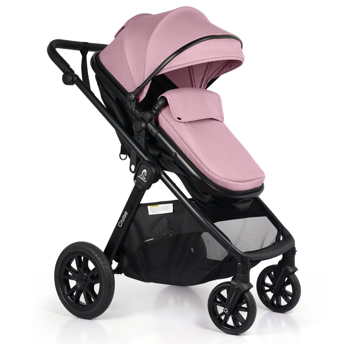 Pink and black stroller on a white background