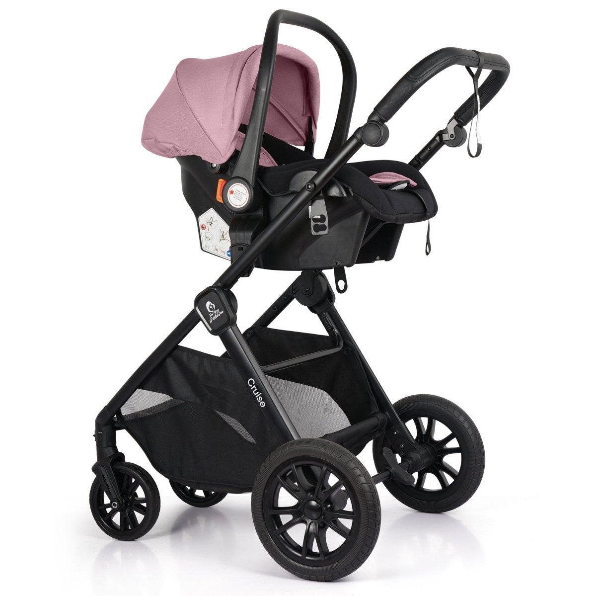 Black stroller with pink canopy on a white background