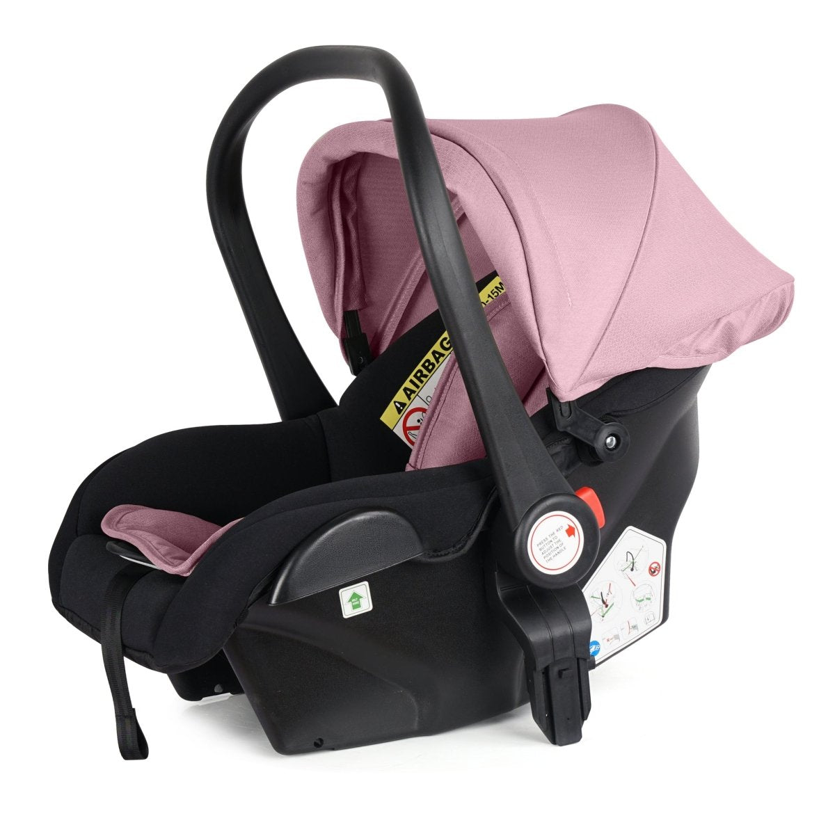 Black and pink baby car seat on a white background