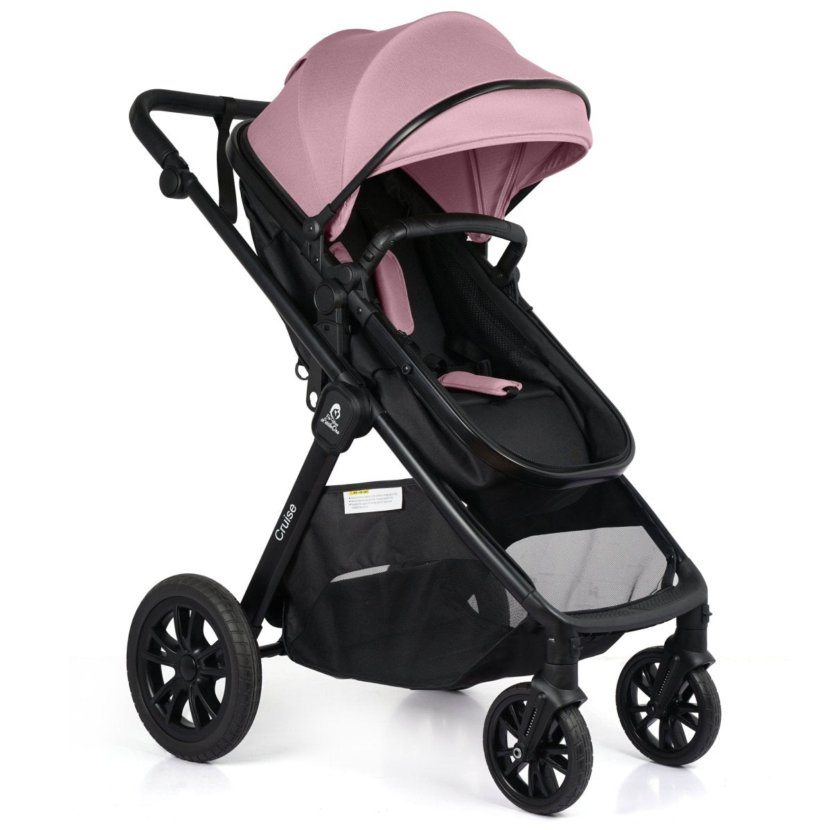 Black and pink baby stroller on a white background