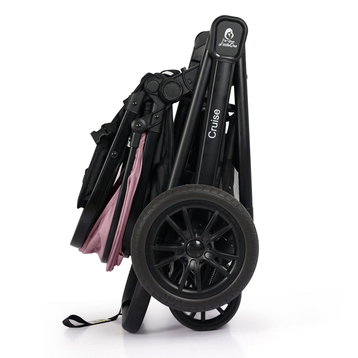 Black stroller with pink canopy on a white background