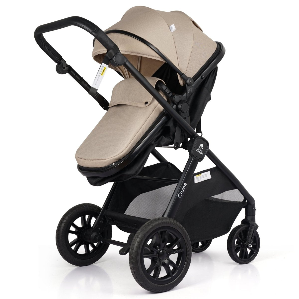 Beige and black stroller on a white background