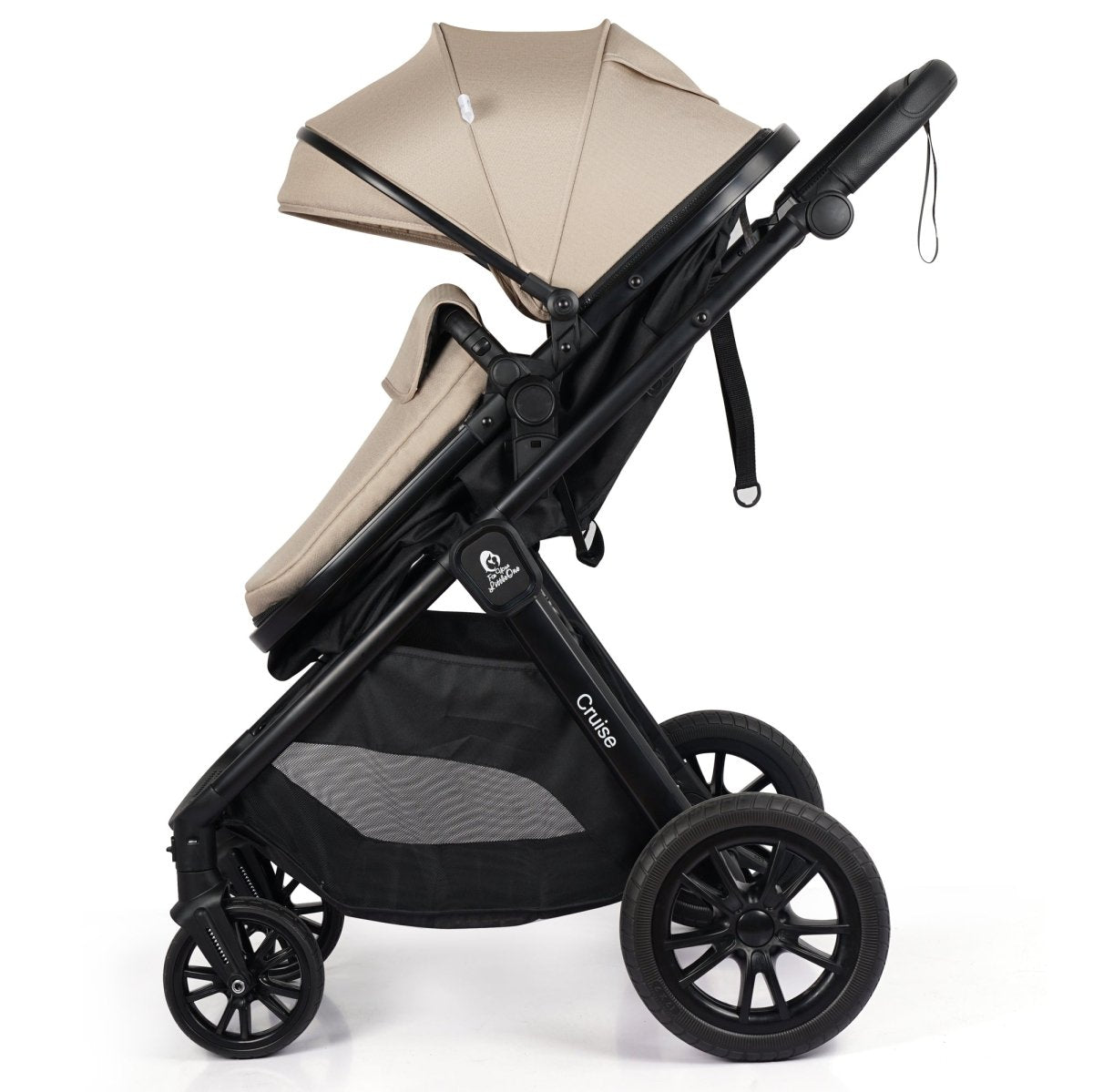 Black and beige stroller on a white background