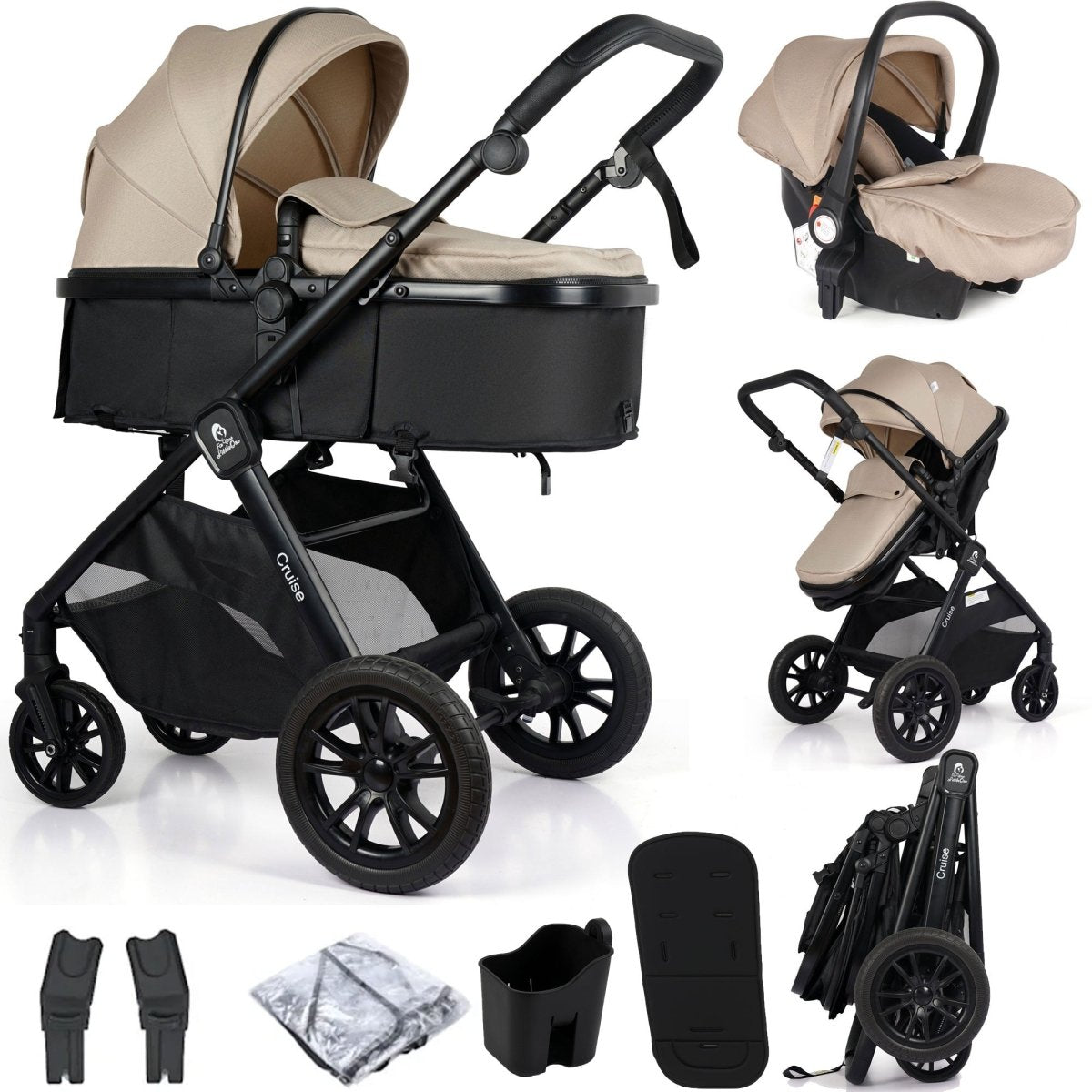 Black and beige baby stroller with accessories on a white background