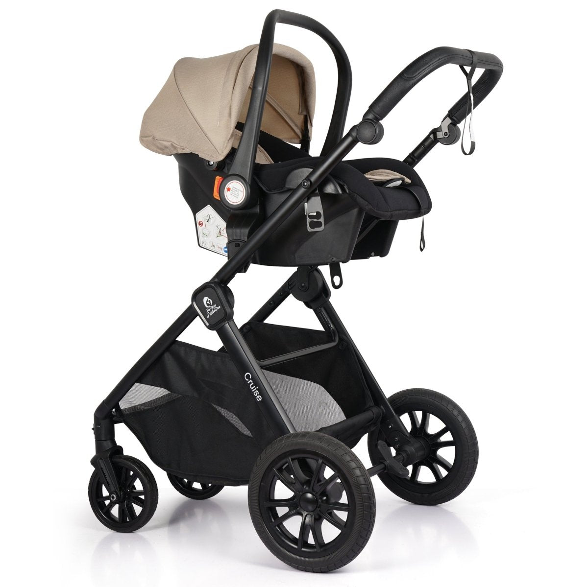 Black stroller with beige canopy on a white background