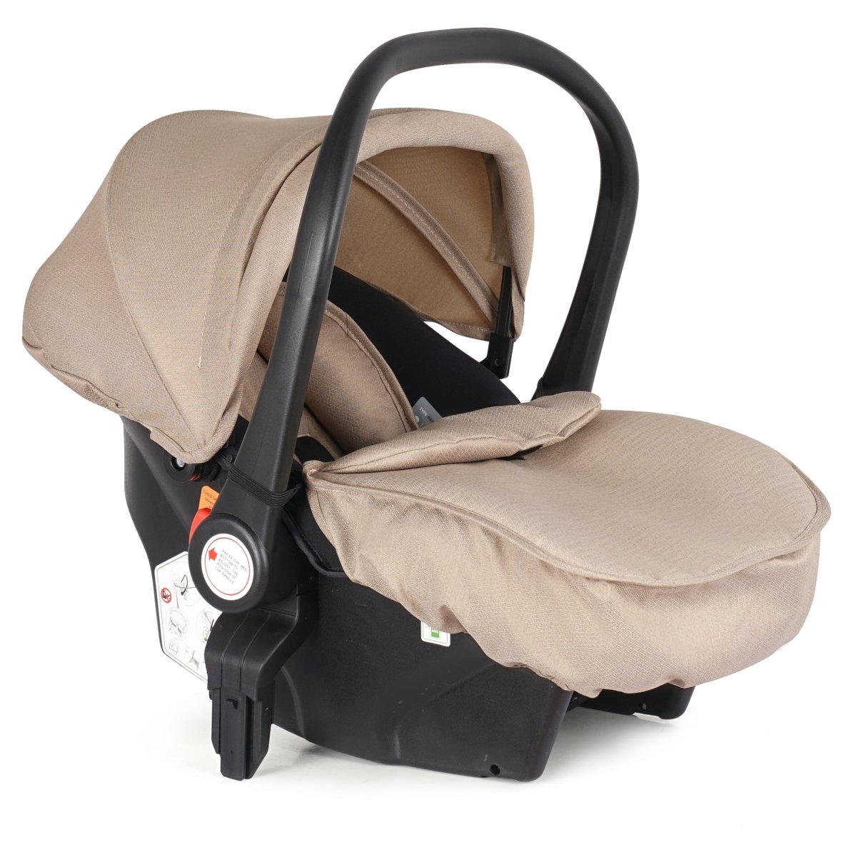 Beige baby car seat with black frame on a white background