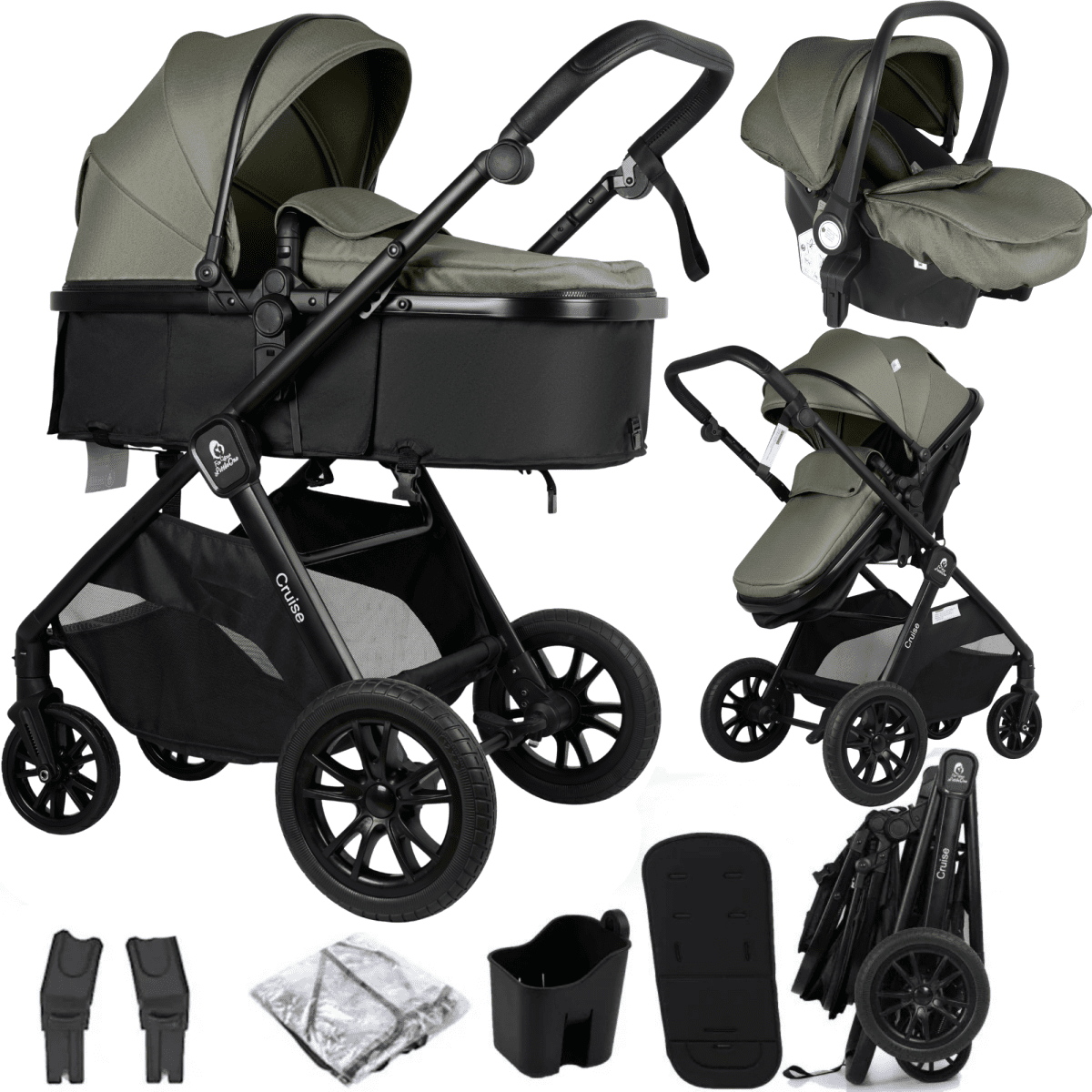 Green and black stroller set with accessories on a white background
