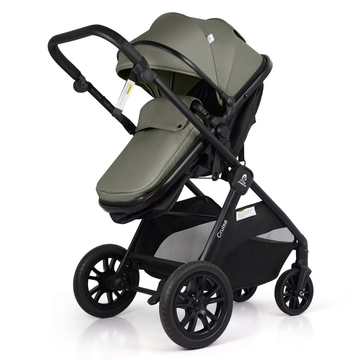 Green and black baby stroller on a white background