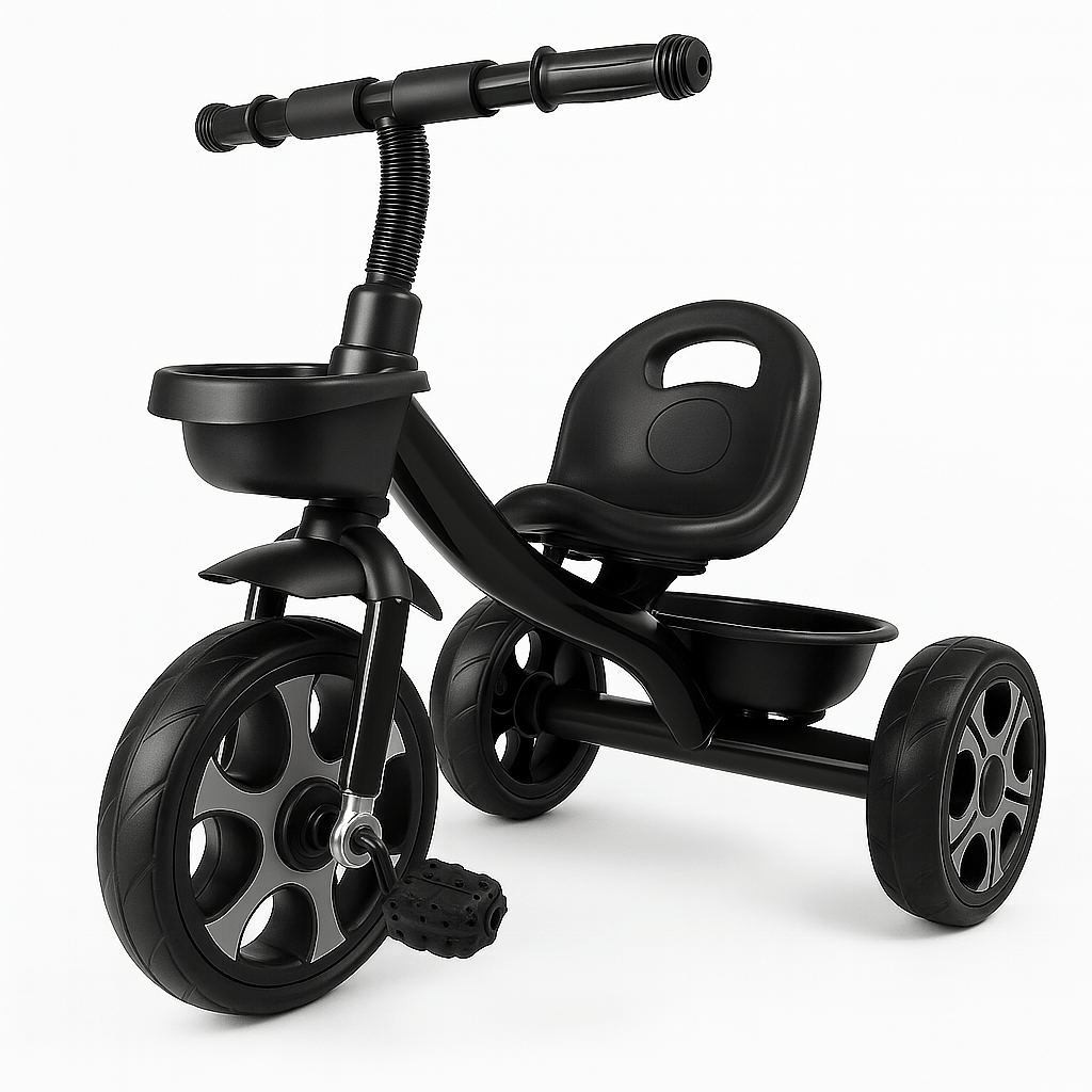 Black tricycle with handlebar and seat on a white background