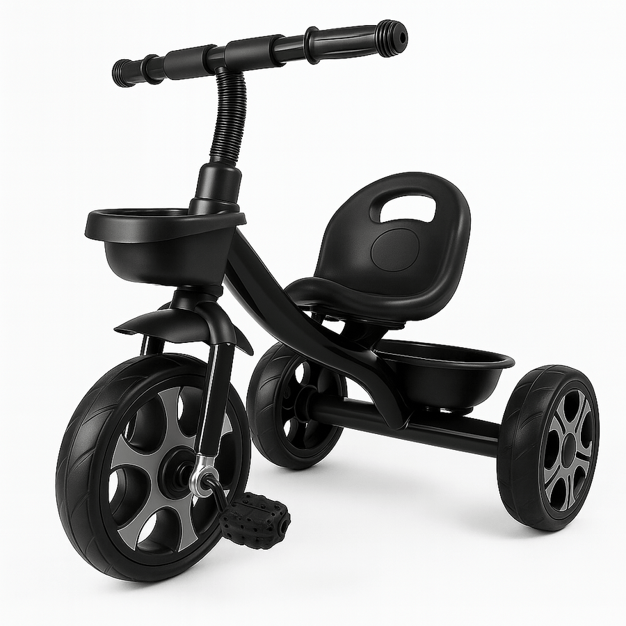 Black tricycle with handlebar and seat on a white background