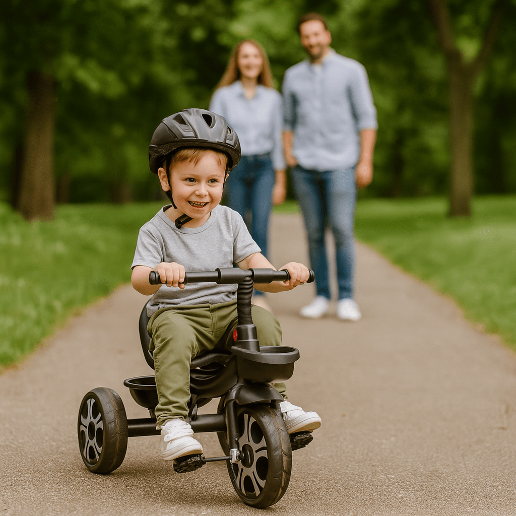 Child riding a tricycle with parents in the background on a path in a park.