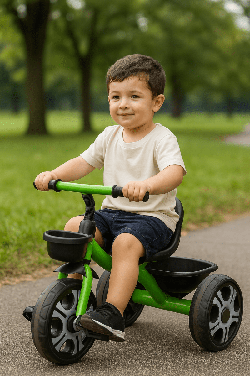 Child riding a green tricycle in a park