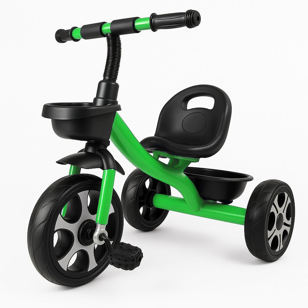 Green and black tricycle on a white background