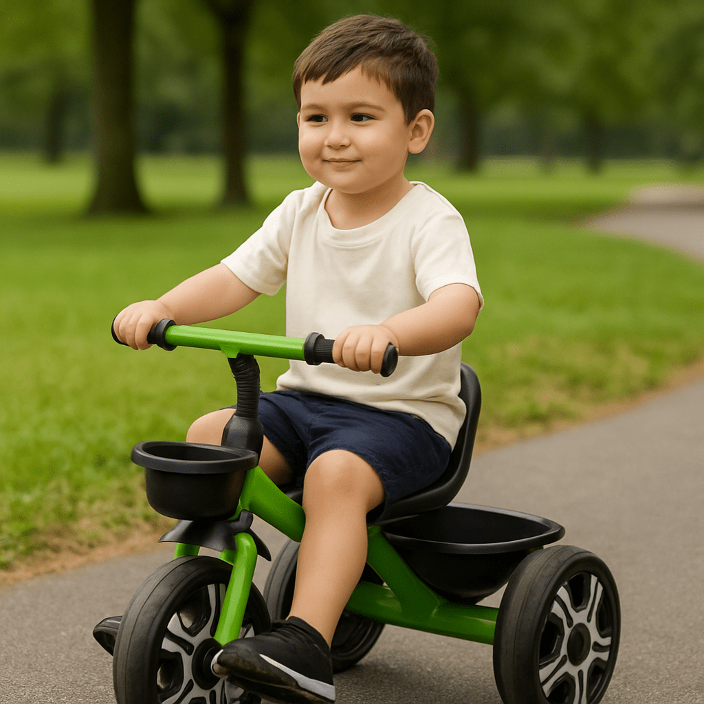 Child riding a green tricycle in a park