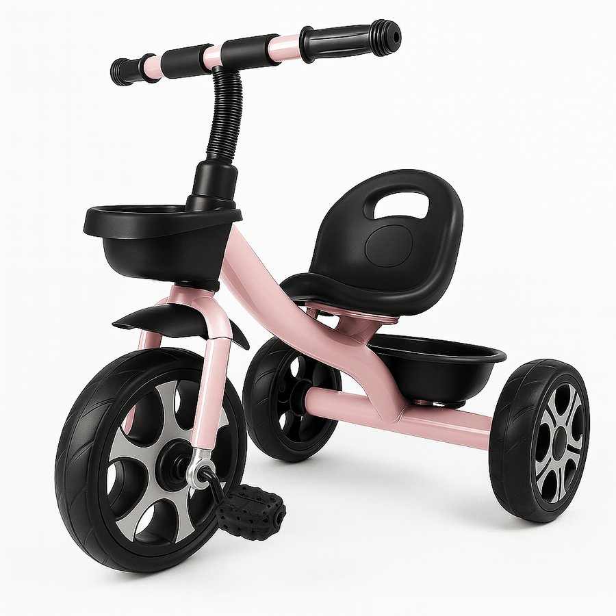 Pink and black tricycle on a white background