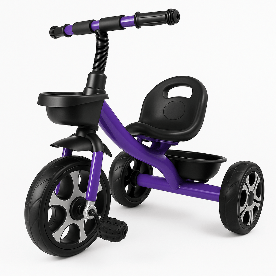 Purple and black tricycle on a white background