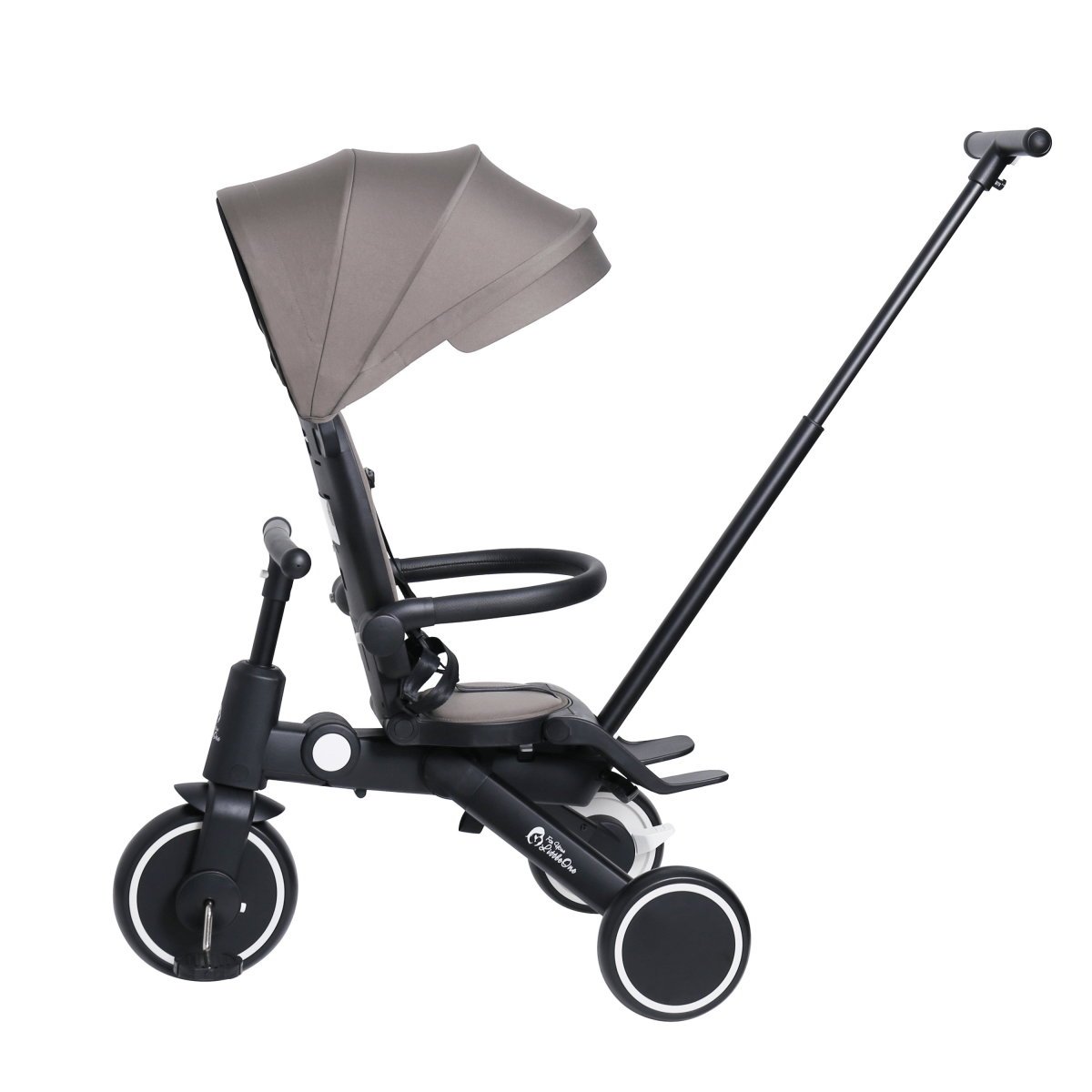 Black and gray baby stroller with canopy on a white background