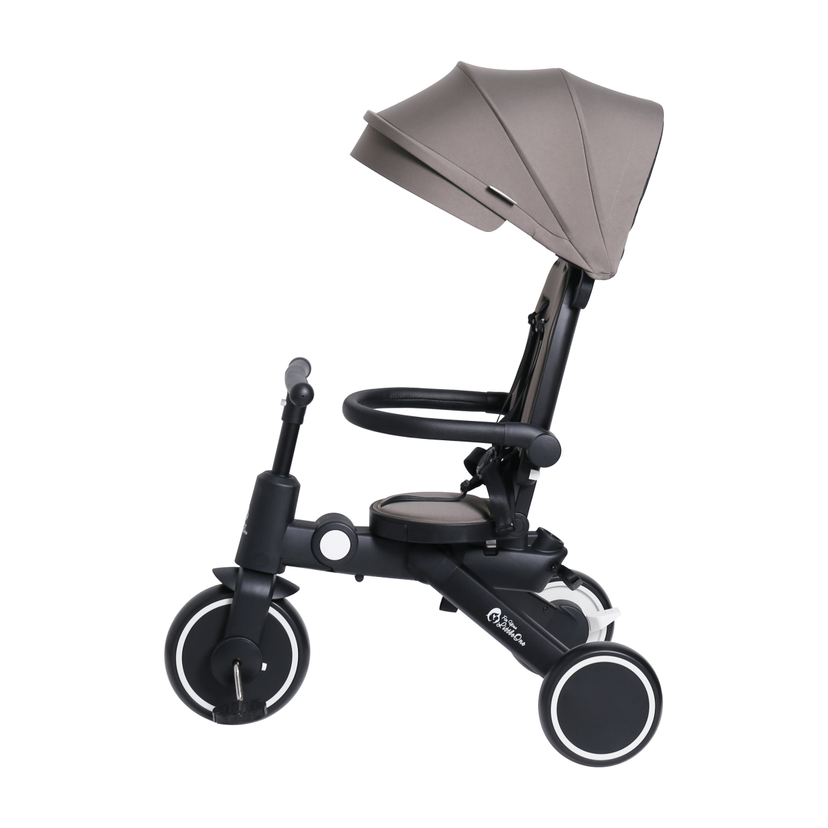 Black and gray baby tricycle with canopy on a white background