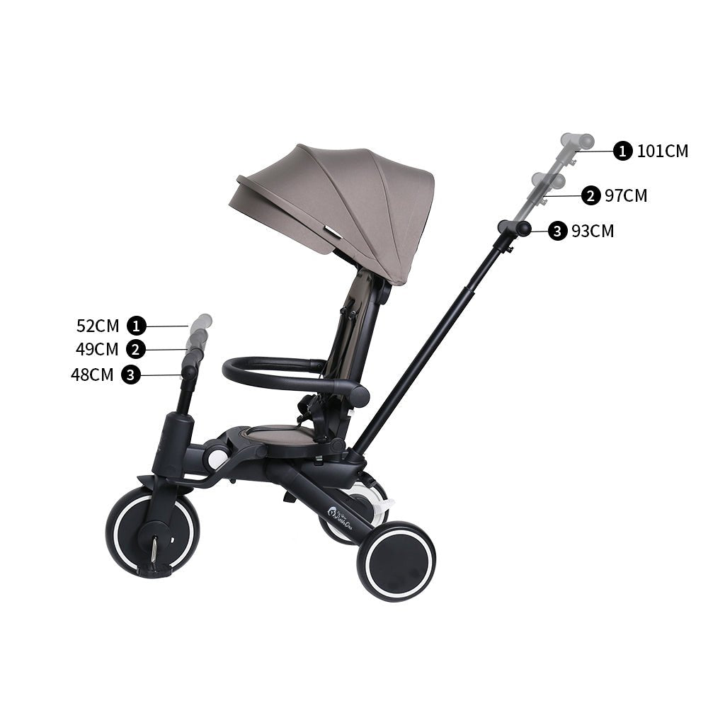 Baby stroller with measurement labels on a white background