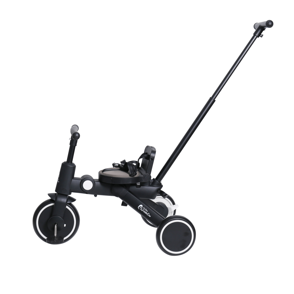 Black baby stroller with extendable handle on a white background