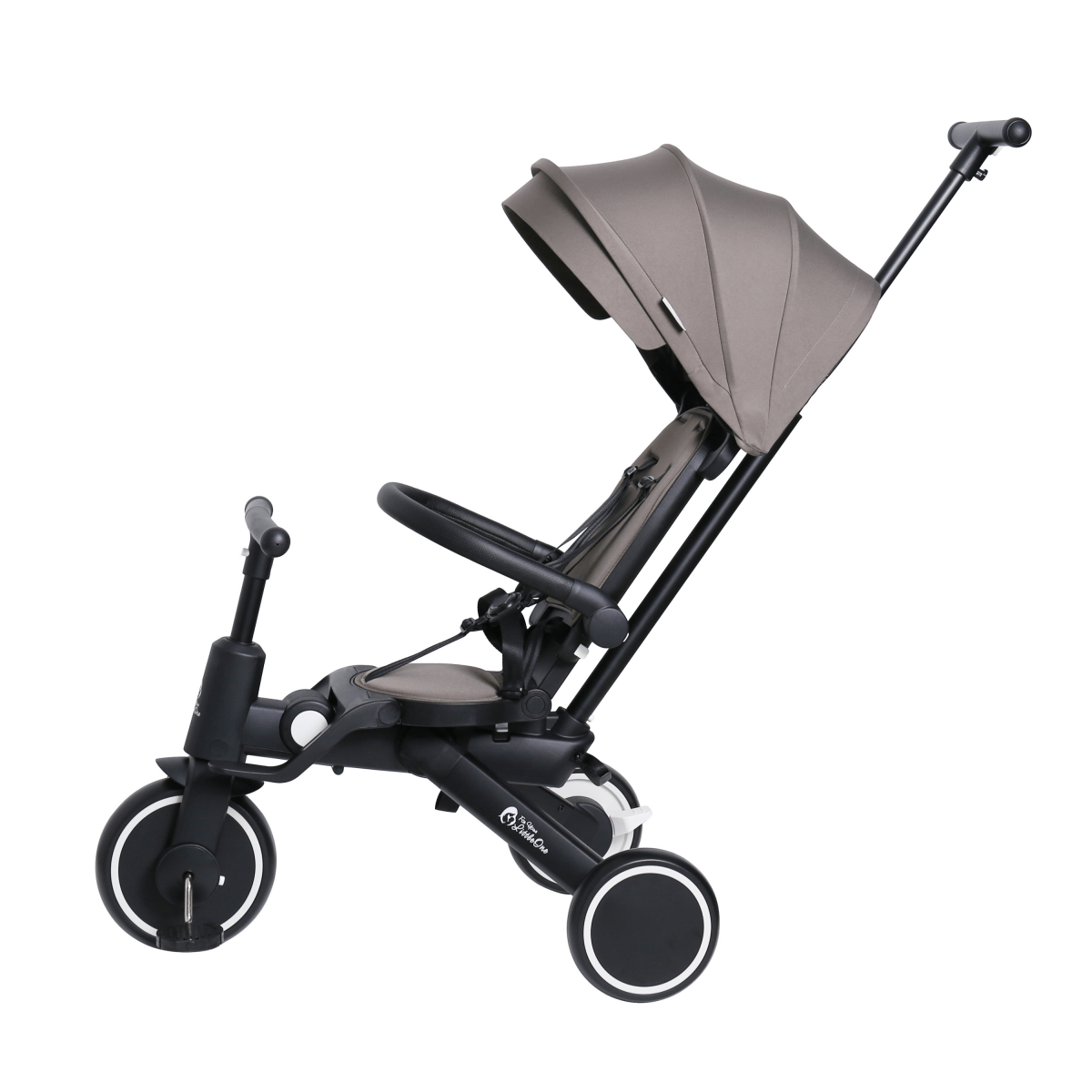Baby stroller with a beige canopy on a white background