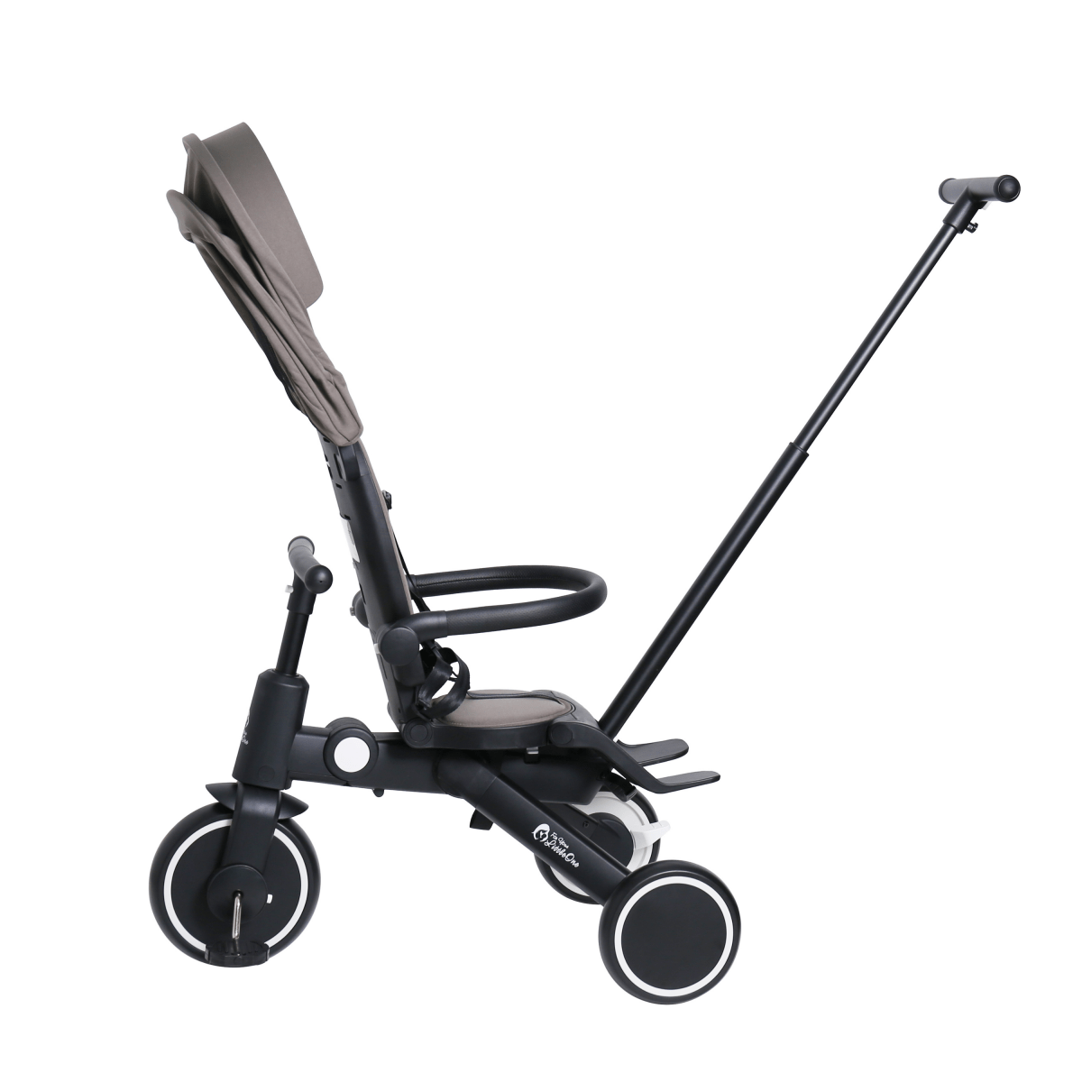 Black and gray baby stroller on a white background