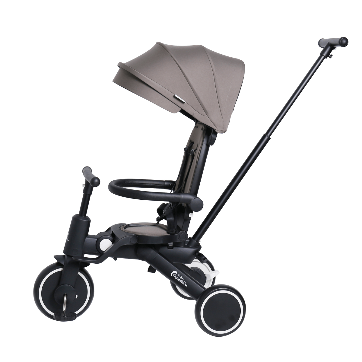 Black and beige baby stroller with canopy on a white background