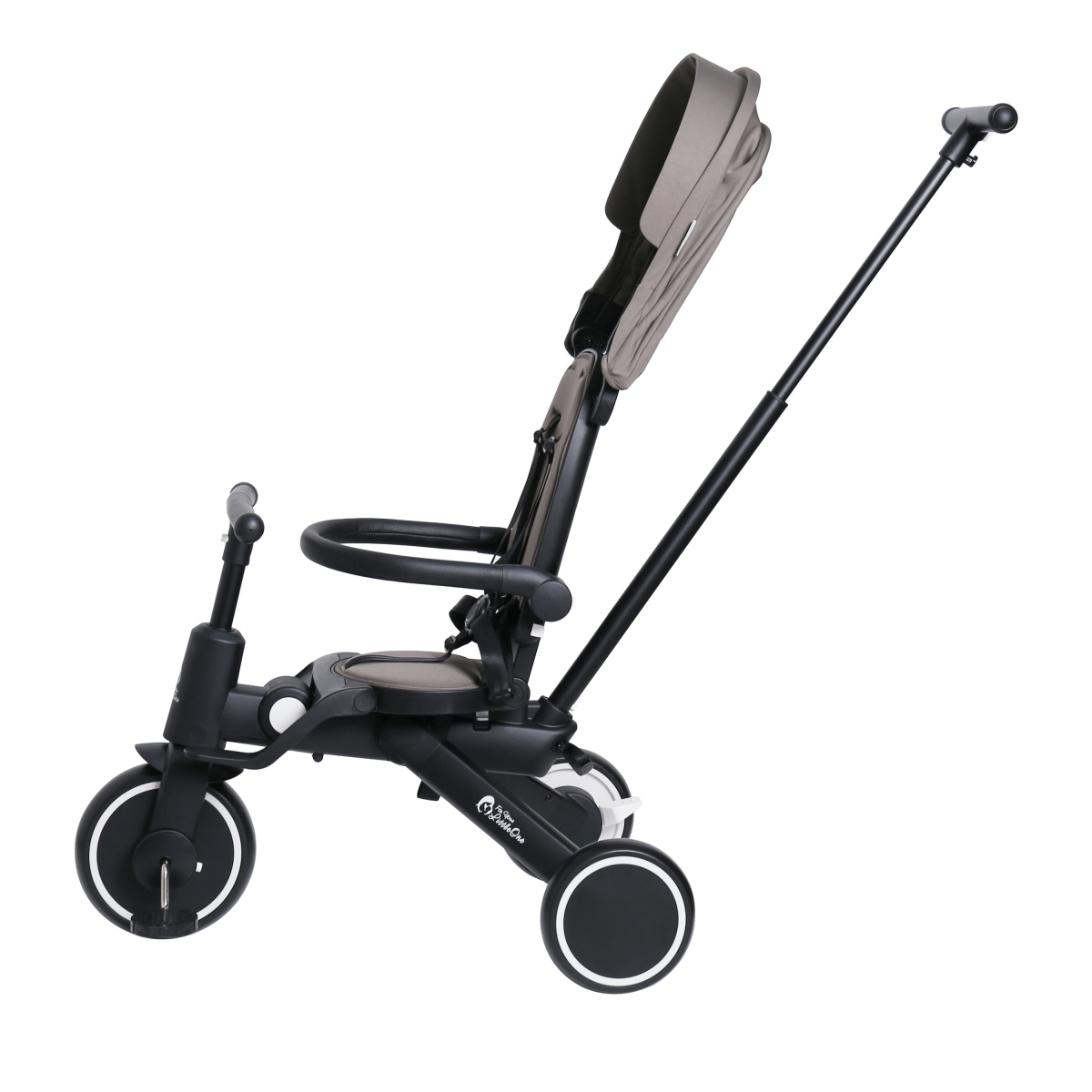 Black and gray stroller on a white background