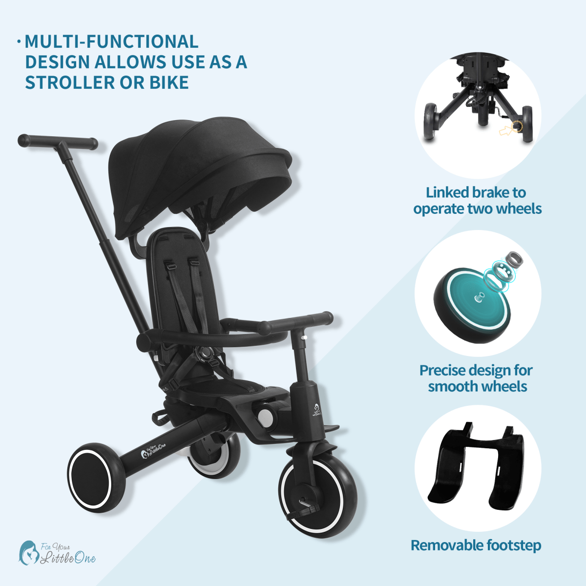 Foldable Trike 6 in 1 Kids Tricycle 10m to 4y Jet Black Foryourlittleone