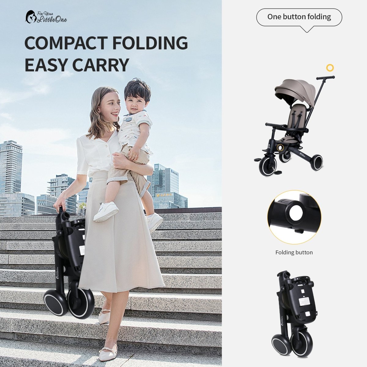 Foldable Trike 6 in 1 Kids Tricycle 10m to 4y Jet Black Foryourlittleone