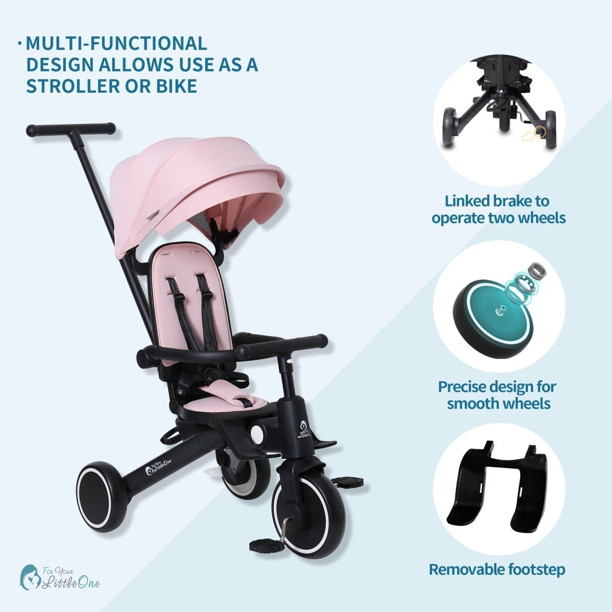 Foldable Trike 6 in 1 Kids Tricycle 10m to 4y Pastel Pink Foryourlittleone