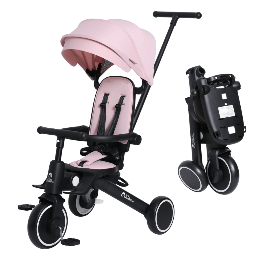 Pink and black baby stroller with canopy on a white background