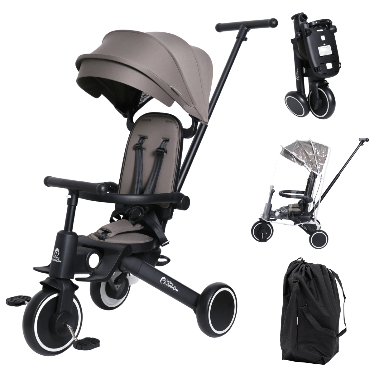 Collage of a baby stroller with various attachments on a white background