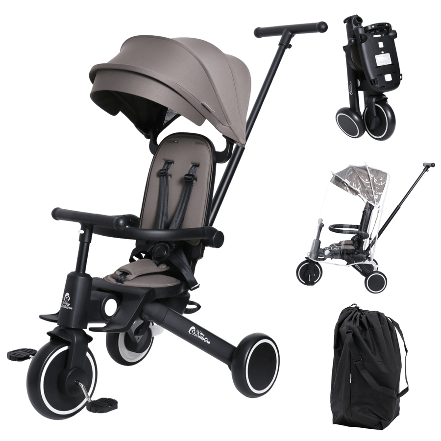 Collage of a baby stroller with various attachments on a white background