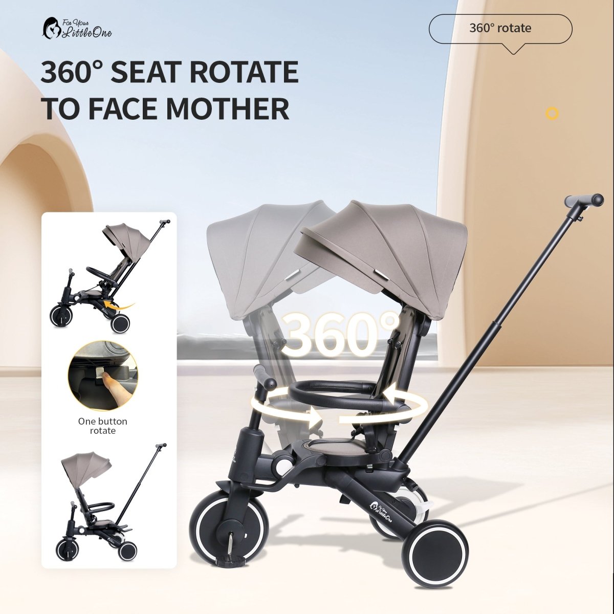 Foldable Trike 6 in 1 Kids Tricycle 10m to 4y Grey Olive Foryourlittleone