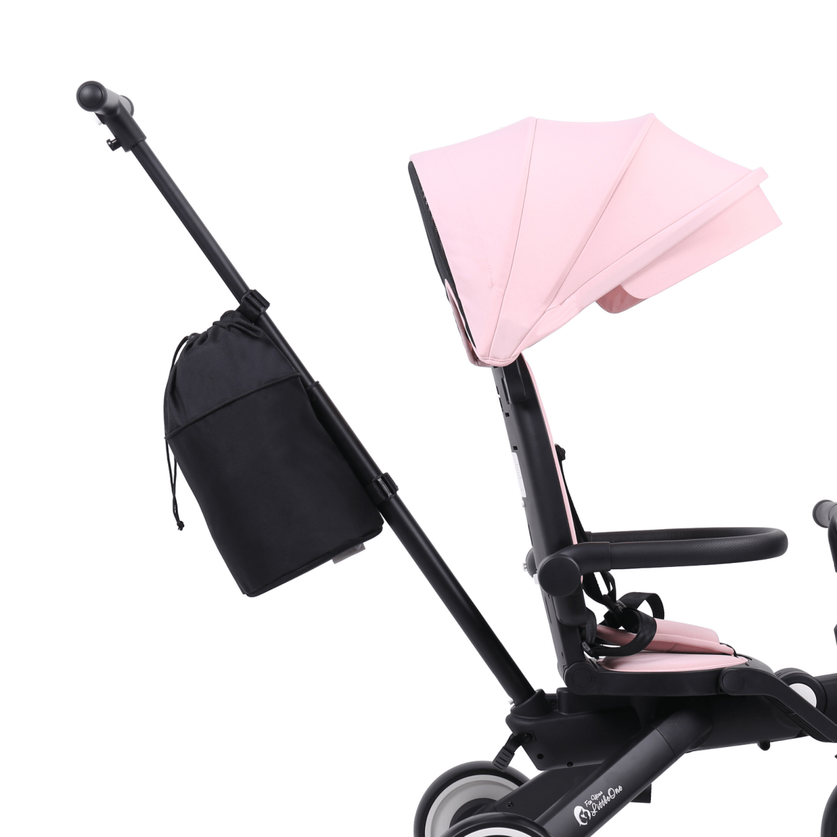 Black stroller with pink canopy and black bag on a white background