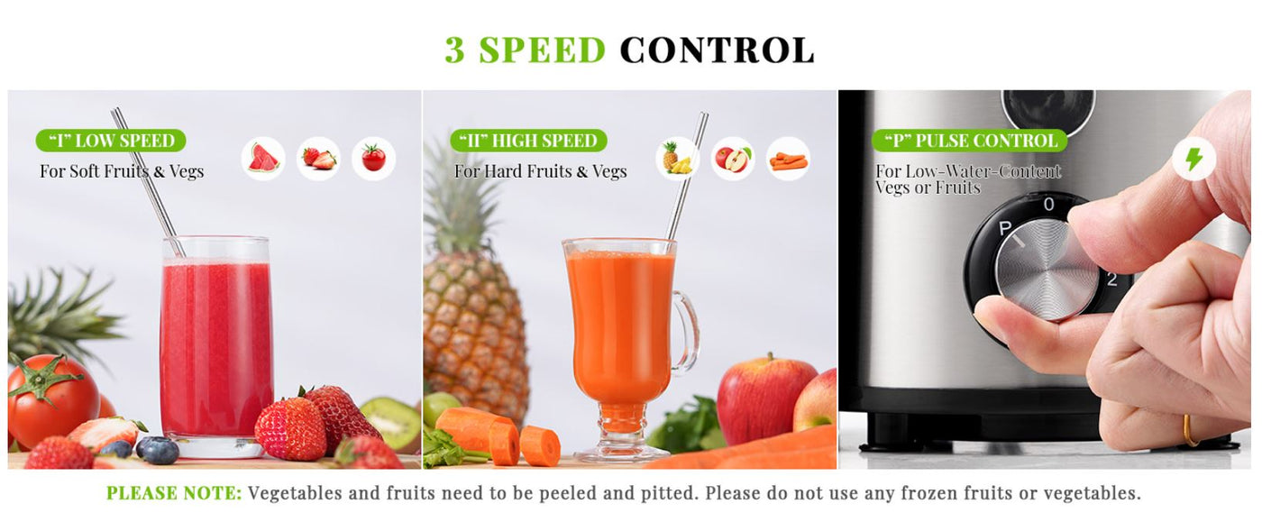 Juicer with speed control features and images of fruits and vegetables.