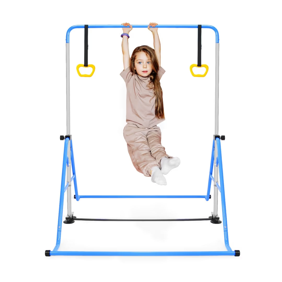 Kids Gymnastics Horizontal Bar Adjustable Foldable With Rings Indoor Outdoor