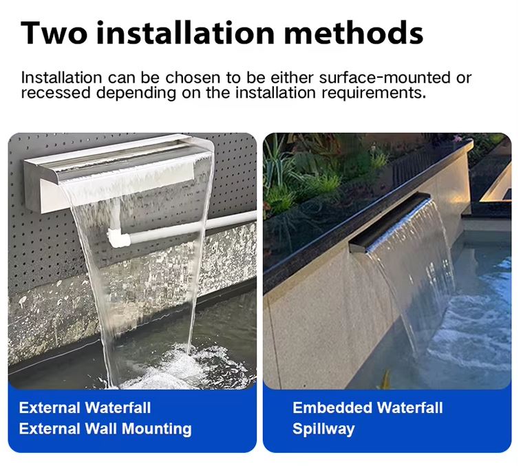 Two installation methods for waterfalls: external wall mounting and embedded spillway, with text explaining choices.