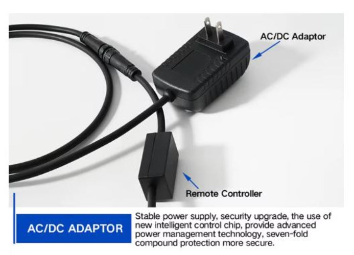 AC/DC adapter with cable and remote controller on a white background