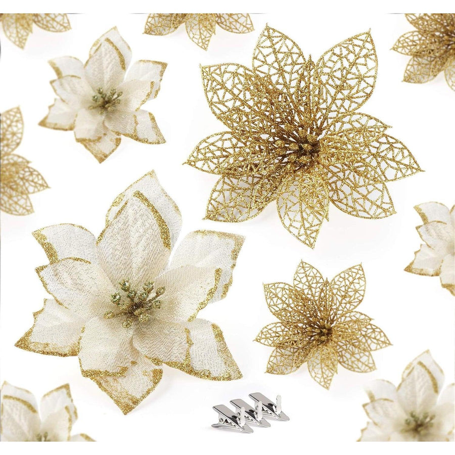 Glitter Christmas Poinsettia Flower Ornaments 24Pcs Gold Artificial with Clips - Massive Discounts