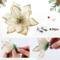 Glitter Christmas Poinsettia Flower Ornaments 24Pcs Gold Artificial - Massive Discounts
